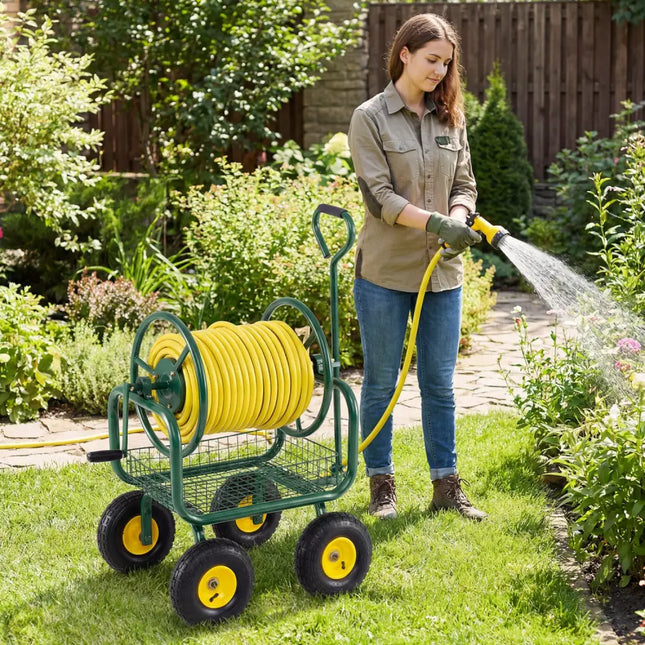 Garden Hose Reel Cart 300 Feet Large Capacity with 4 Wheels and Storage Basket-Green - Green - Watering & Irrigation