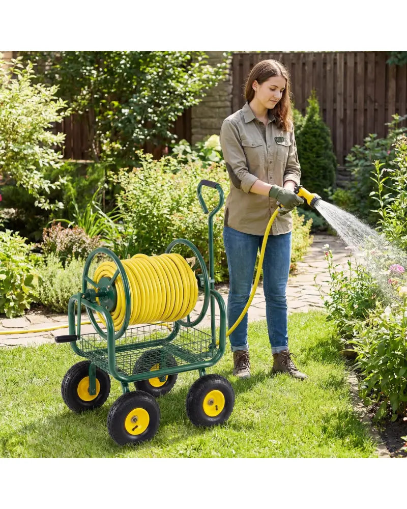 Garden Hose Reel Cart 300 Feet Large Capacity with 4 Wheels and Storage Basket-Green - Green - Watering & Irrigation