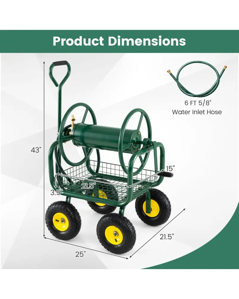 Garden Hose Reel Cart 300 Feet Large Capacity with 4 Wheels and Storage Basket-Green - Green - Watering & Irrigation