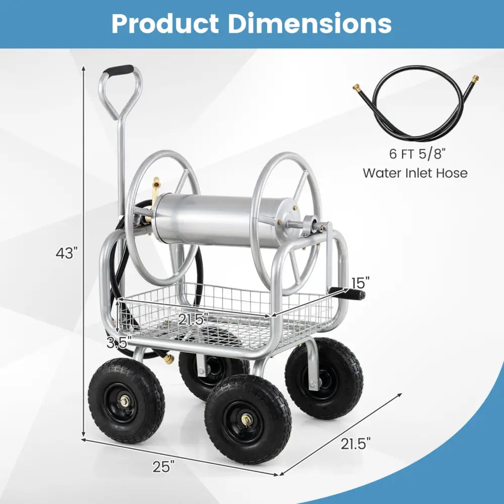 Garden Hose Reel Cart 300 Feet Large Capacity with 4 Wheels and Storage Basket-Silver - Silver - Watering & Irrigation