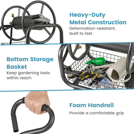 Garden Hose Reel Cart 300 Feet Large Capacity with 4 Wheels and Storage Basket-Gray - Gray - Watering & Irrigation
