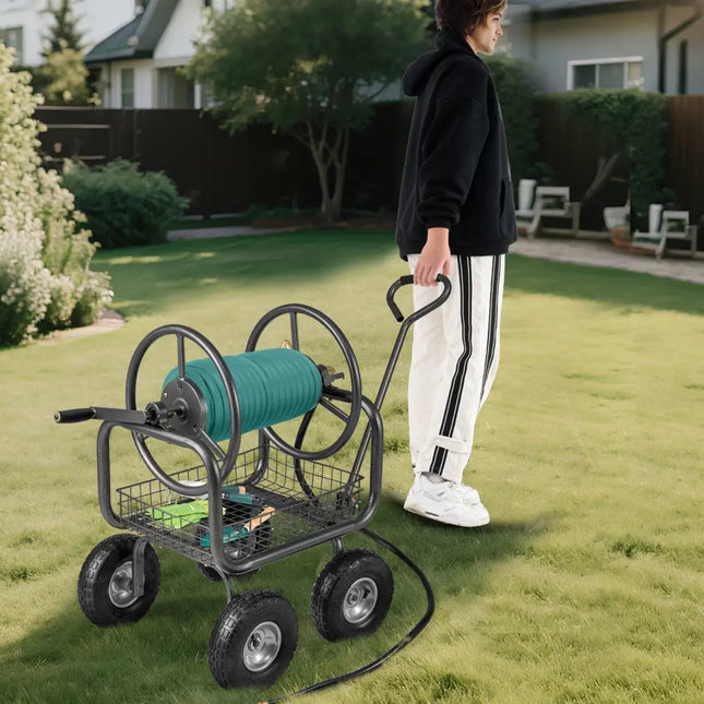 Garden Hose Reel Cart 300 Feet Large Capacity with 4 Wheels and Storage Basket-Gray - Gray - Watering & Irrigation