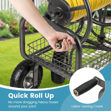 Garden Hose Reel Cart 300 Feet Large Capacity with 4 Wheels and Storage Basket-Gray - Gray - Watering & Irrigation