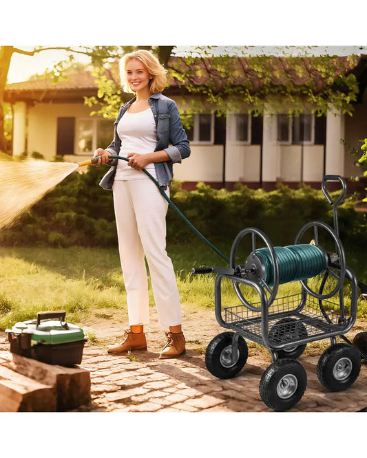Garden Hose Reel Cart 300 Feet Large Capacity with 4 Wheels and Storage Basket-Gray - Gray - Watering & Irrigation
