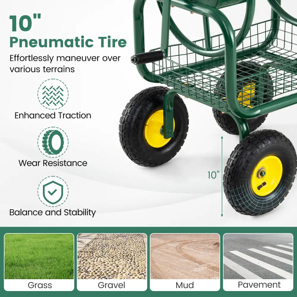 Garden Hose Reel Cart 300 Feet Large Capacity with 4 Wheels and Storage Basket-Green - Green - Watering & Irrigation