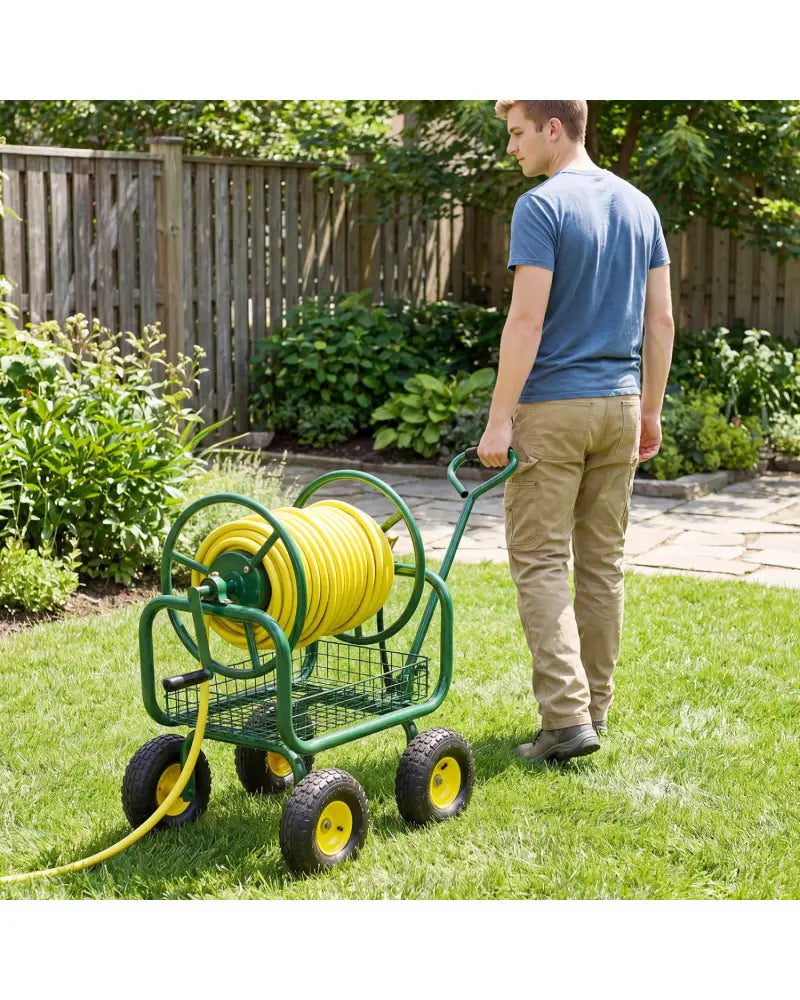 Garden Hose Reel Cart 300 Feet Large Capacity with 4 Wheels and Storage Basket-Green - Green - Watering & Irrigation