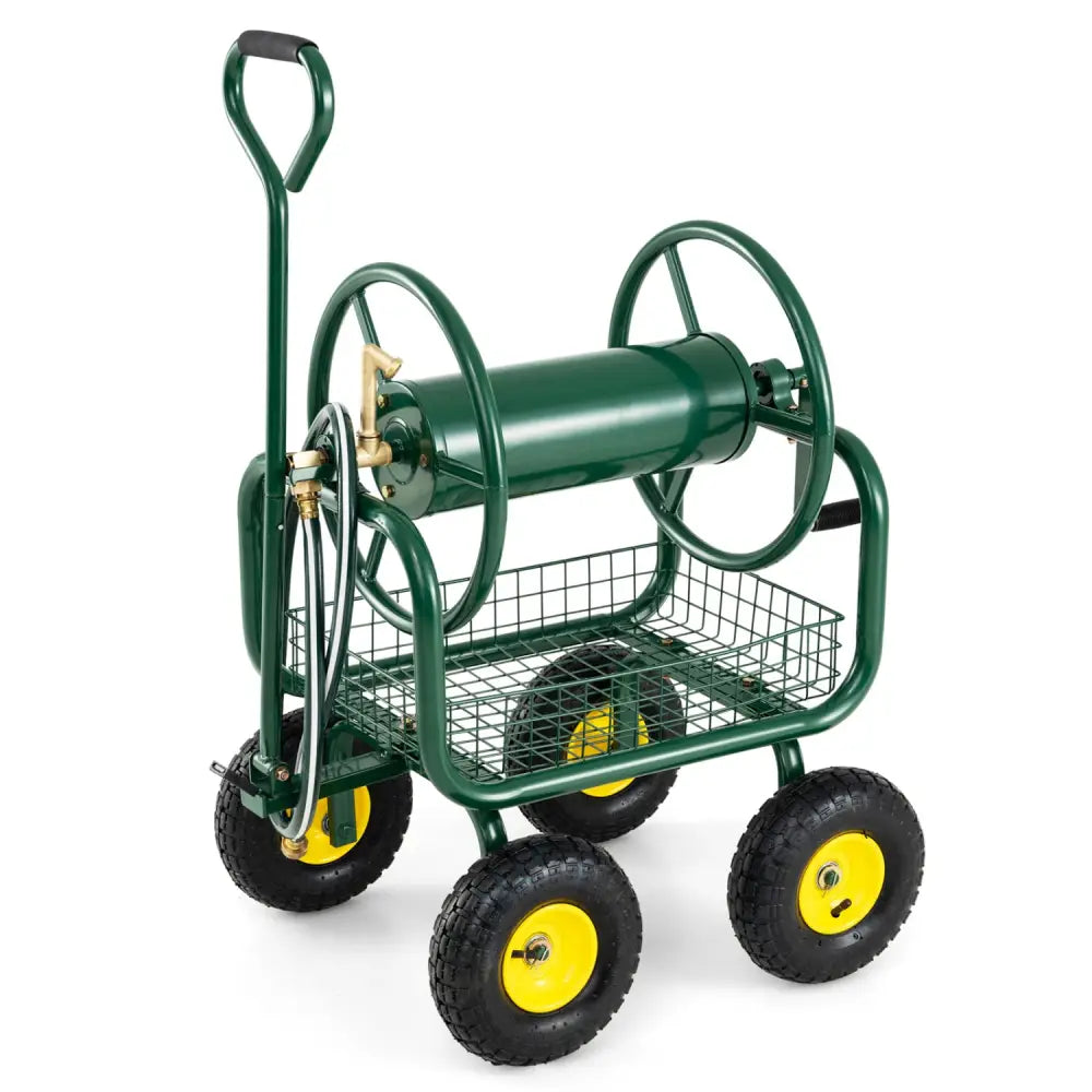 Garden Hose Reel Cart 300 Feet Large Capacity with 4 Wheels and Storage Basket-Green - Green - Watering & Irrigation