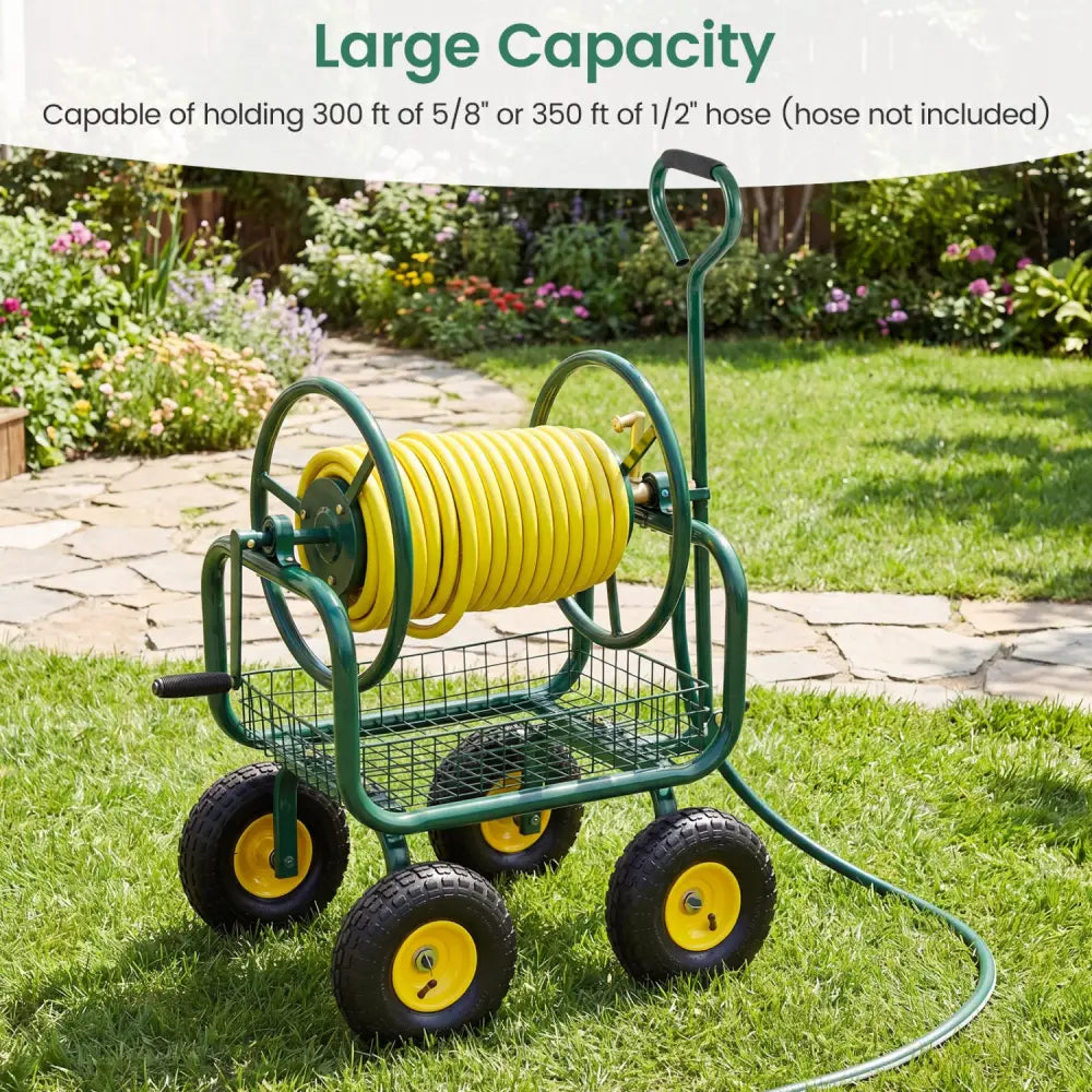 Garden Hose Reel Cart 300 Feet Large Capacity with 4 Wheels and Storage Basket-Green - Green - Watering & Irrigation