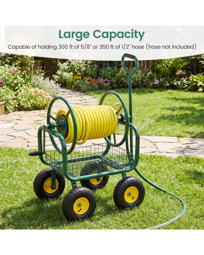 Garden Hose Reel Cart 300 Feet Large Capacity with 4 Wheels and Storage Basket-Green - Green - Watering & Irrigation