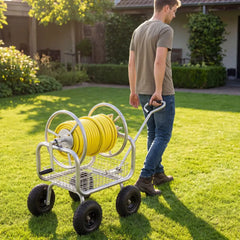 Garden Hose Reel Cart 300 Feet Large Capacity with 4 Wheels and Storage Basket-Silver - Silver - Watering & Irrigation