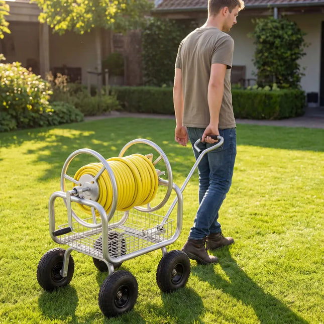 Garden Hose Reel Cart 300 Feet Large Capacity with 4 Wheels and Storage Basket-Silver - Silver - Watering & Irrigation