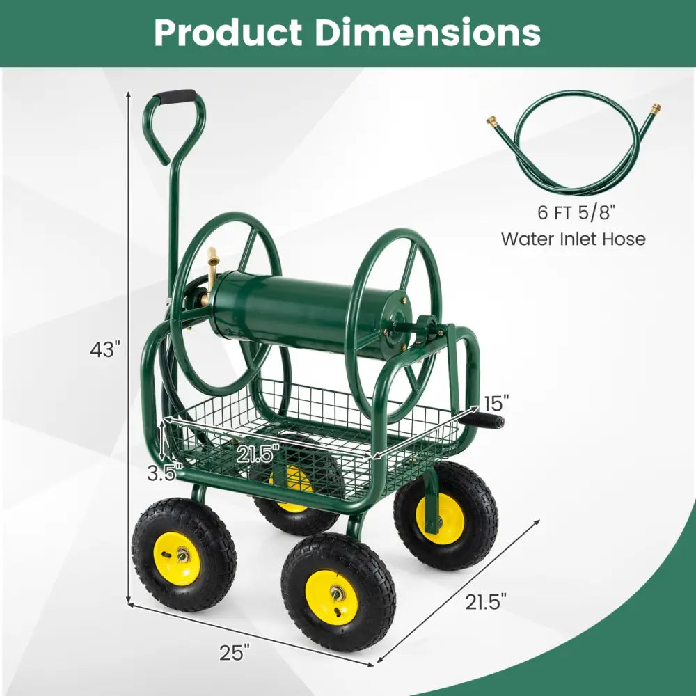 Garden Hose Reel Cart 300 Feet Large Capacity with 4 Wheels and Storage Basket-Green - Green - Watering & Irrigation