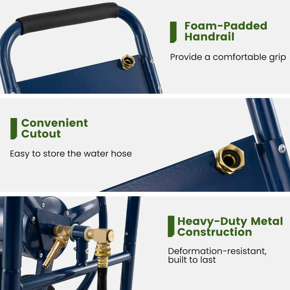 Garden Hose Reel Cart 4 Wheels Heavy-Duty Metal Water Hose Organizer Portable-Blue - Blue - Watering & Irrigation