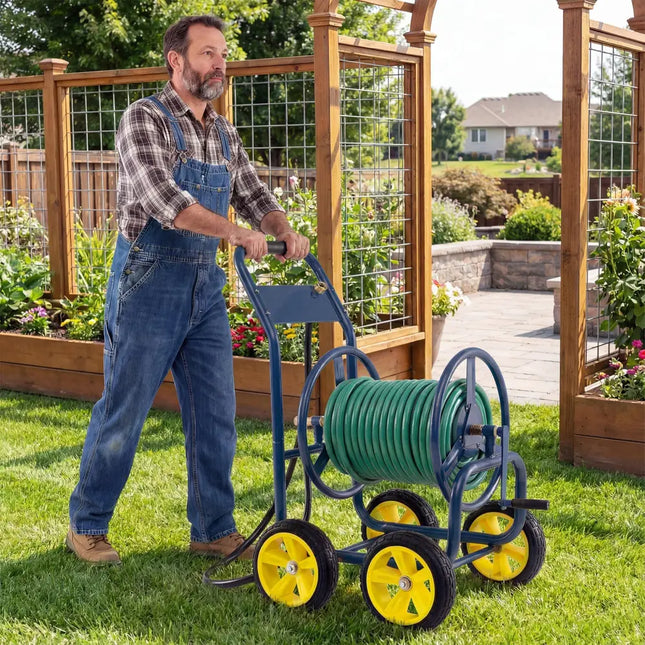 Garden Hose Reel Cart 4 Wheels Heavy-Duty Metal Water Hose Organizer Portable-Blue - Blue - Watering & Irrigation