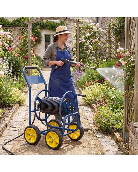 Garden Hose Reel Cart 4 Wheels Heavy-Duty Metal Water Hose Organizer Portable-Blue - Blue - Watering & Irrigation