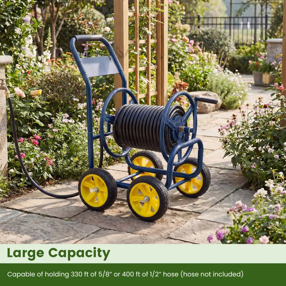 Garden Hose Reel Cart 4 Wheels Heavy-Duty Metal Water Hose Organizer Portable-Blue - Blue - Watering & Irrigation