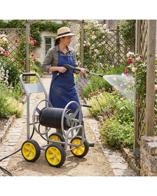 Garden Hose Reel Cart 4 Wheels Heavy-Duty Metal Water Hose Organizer Portable-Silver - Silver - Watering & Irrigation