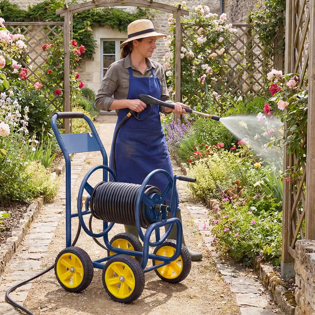 Garden Hose Reel Cart 4 Wheels Heavy-Duty Metal Water Hose Organizer Portable-Blue - Blue - Watering & Irrigation
