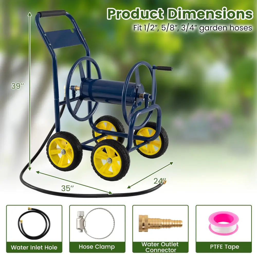 Garden Hose Reel Cart 4 Wheels Heavy-Duty Metal Water Hose Organizer Portable-Blue - Blue - Watering & Irrigation
