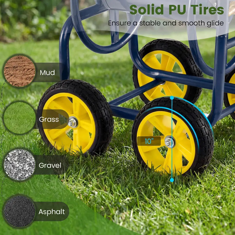 Garden Hose Reel Cart 4 Wheels Heavy-Duty Metal Water Hose Organizer Portable-Blue - Blue - Watering & Irrigation