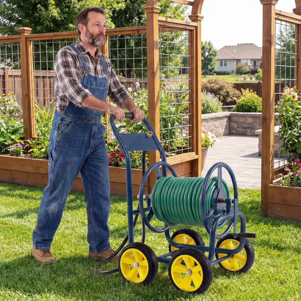 Garden Hose Reel Cart 4 Wheels Heavy-Duty Metal Water Hose Organizer Portable-Blue - Blue - Watering & Irrigation