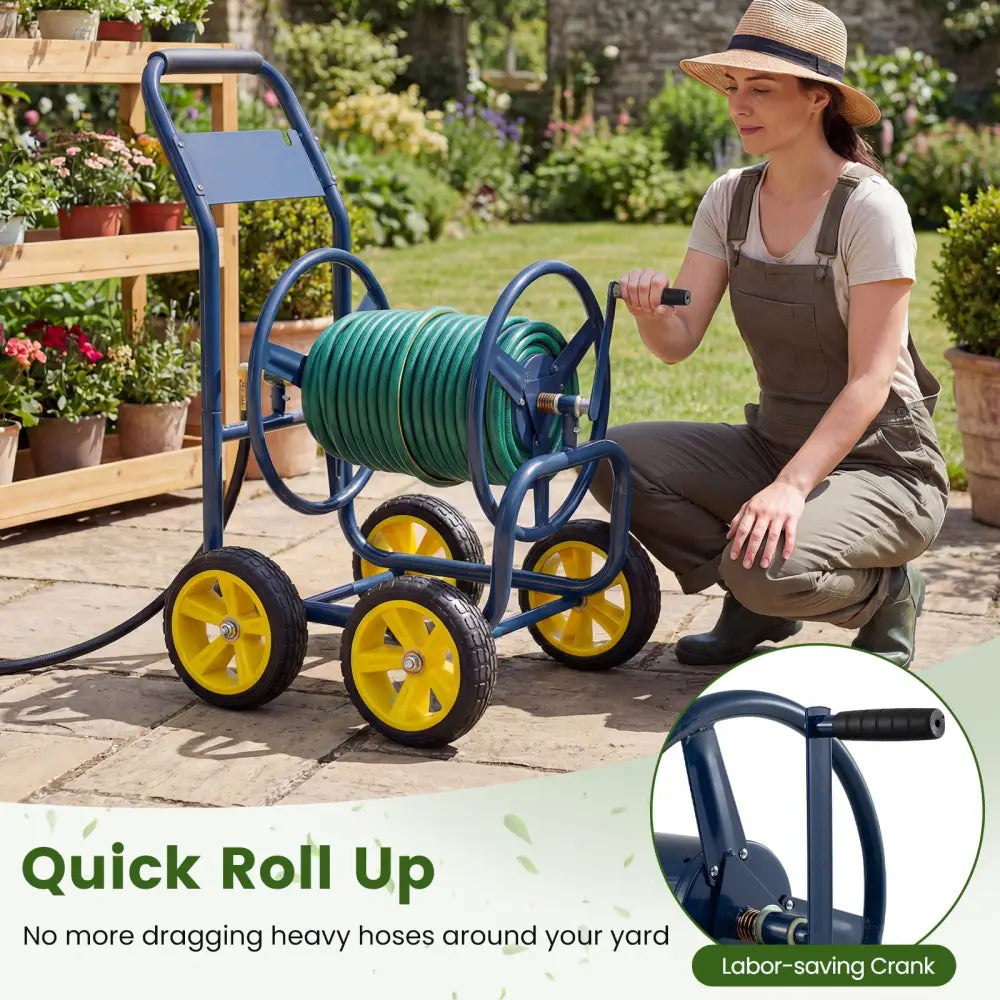 Garden Hose Reel Cart 4 Wheels Heavy-Duty Metal Water Hose Organizer Portable-Blue - Blue - Watering & Irrigation