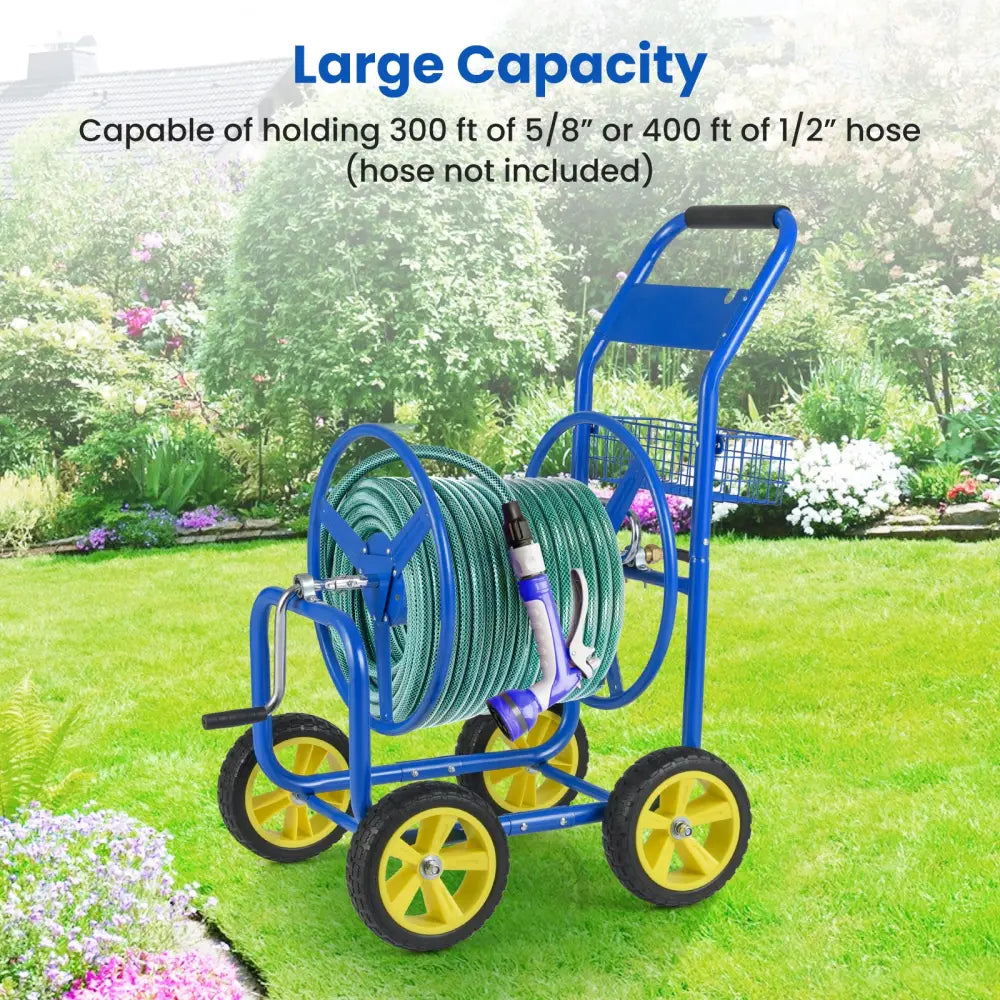 Garden Hose Reel Cart Metal Hose Cart with 4 Wheels and Storage Basket-Blue - Blue - Watering & Irrigation