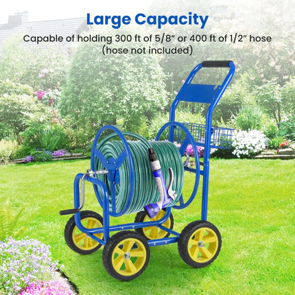 Garden Hose Reel Cart Metal Hose Cart with 4 Wheels and Storage Basket-Blue - Blue - Watering & Irrigation