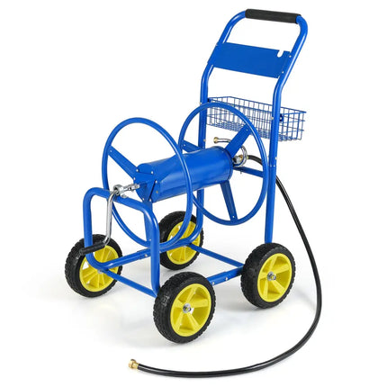 Garden Hose Reel Cart Metal Hose Cart with 4 Wheels and Storage Basket-Blue - Blue - Watering & Irrigation