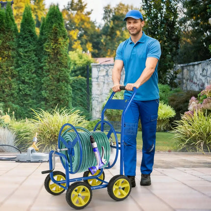 Garden Hose Reel Cart Metal Hose Cart with 4 Wheels and Storage Basket-Blue - Blue - Watering & Irrigation