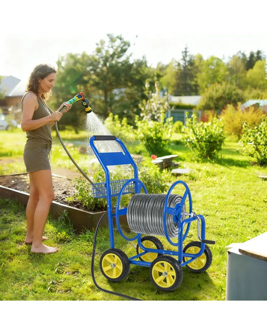 Garden Hose Reel Cart Metal Hose Cart with 4 Wheels and Storage Basket-Blue - Blue - Watering & Irrigation