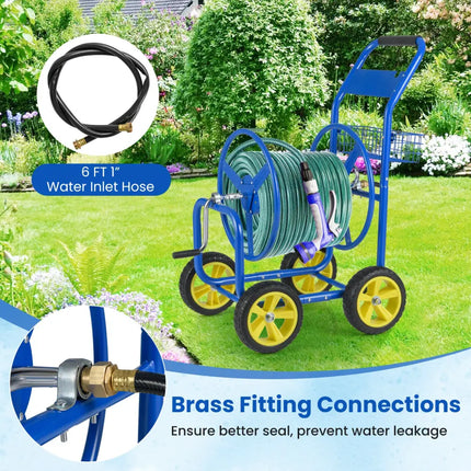 Garden Hose Reel Cart Metal Hose Cart with 4 Wheels and Storage Basket-Blue - Blue - Watering & Irrigation