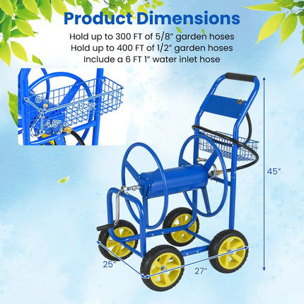 Garden Hose Reel Cart Metal Hose Cart with 4 Wheels and Storage Basket-Blue - Blue - Watering & Irrigation