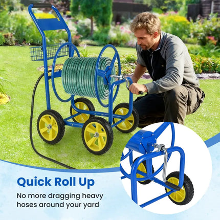 Garden Hose Reel Cart Metal Hose Cart with 4 Wheels and Storage Basket-Blue - Blue - Watering & Irrigation