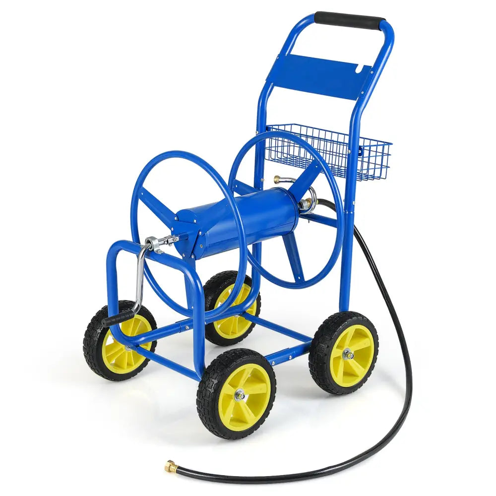Garden Hose Reel Cart Metal Hose Cart with 4 Wheels and Storage Basket-Blue - Blue - Watering & Irrigation
