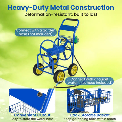 Garden Hose Reel Cart Metal Hose Cart with 4 Wheels and Storage Basket-Blue - Blue - Watering & Irrigation