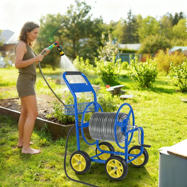 Garden Hose Reel Cart Metal Hose Cart with 4 Wheels and Storage Basket-Blue - Blue - Watering & Irrigation