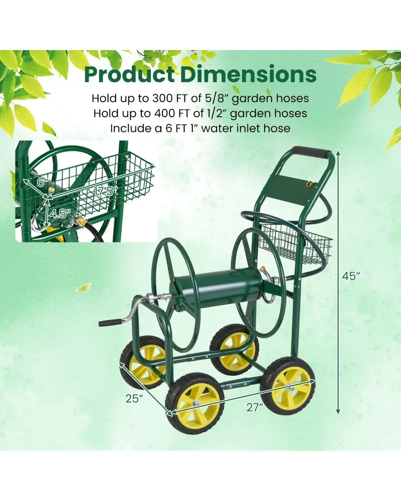 Garden Hose Reel Cart Metal Hose Cart with 4 Wheels and Storage Basket-Green - Green - Watering & Irrigation