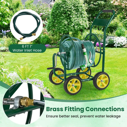 Garden Hose Reel Cart Metal Hose Cart with 4 Wheels and Storage Basket-Green - Green - Watering & Irrigation