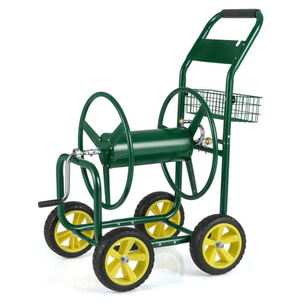Garden Hose Reel Cart Metal Hose Cart with 4 Wheels and Storage Basket-Green - Green - Watering & Irrigation