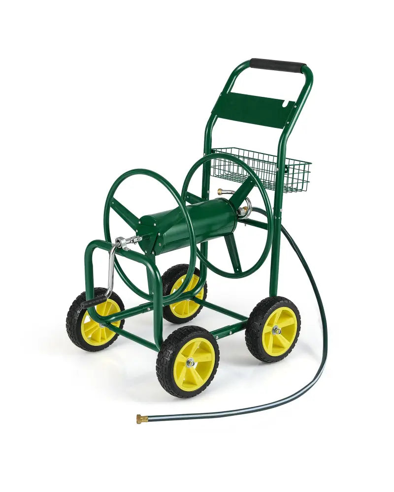 Garden Hose Reel Cart Metal Hose Cart with 4 Wheels and Storage Basket-Green - Green - Watering & Irrigation