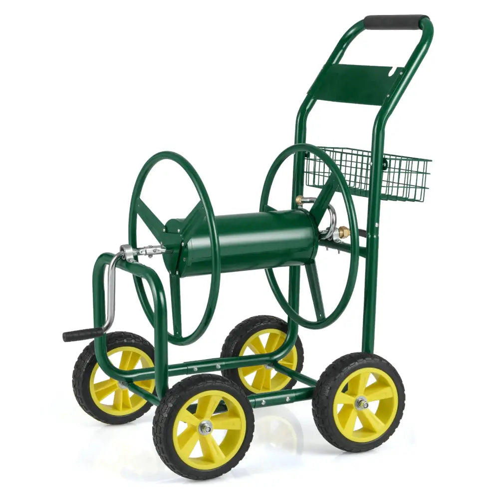 Garden Hose Reel Cart Metal Hose Cart with 4 Wheels and Storage Basket-Green - Green - Watering & Irrigation