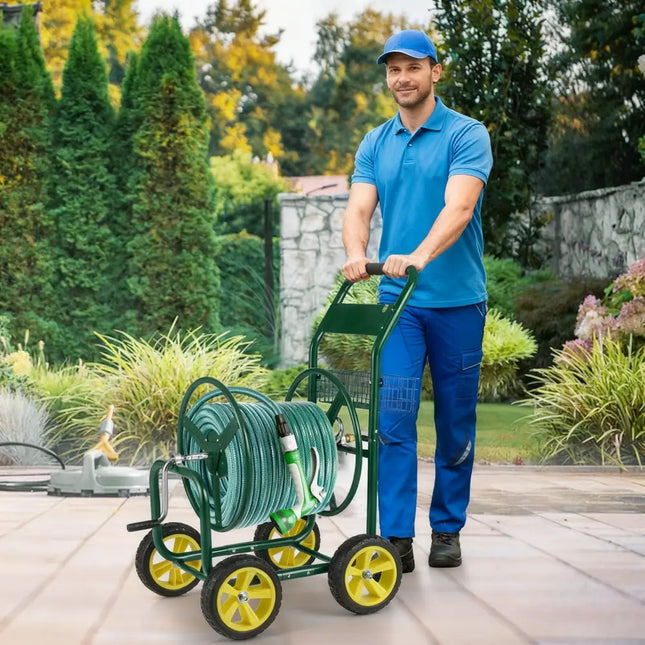 Garden Hose Reel Cart Metal Hose Cart with 4 Wheels and Storage Basket-Green - Green - Watering & Irrigation