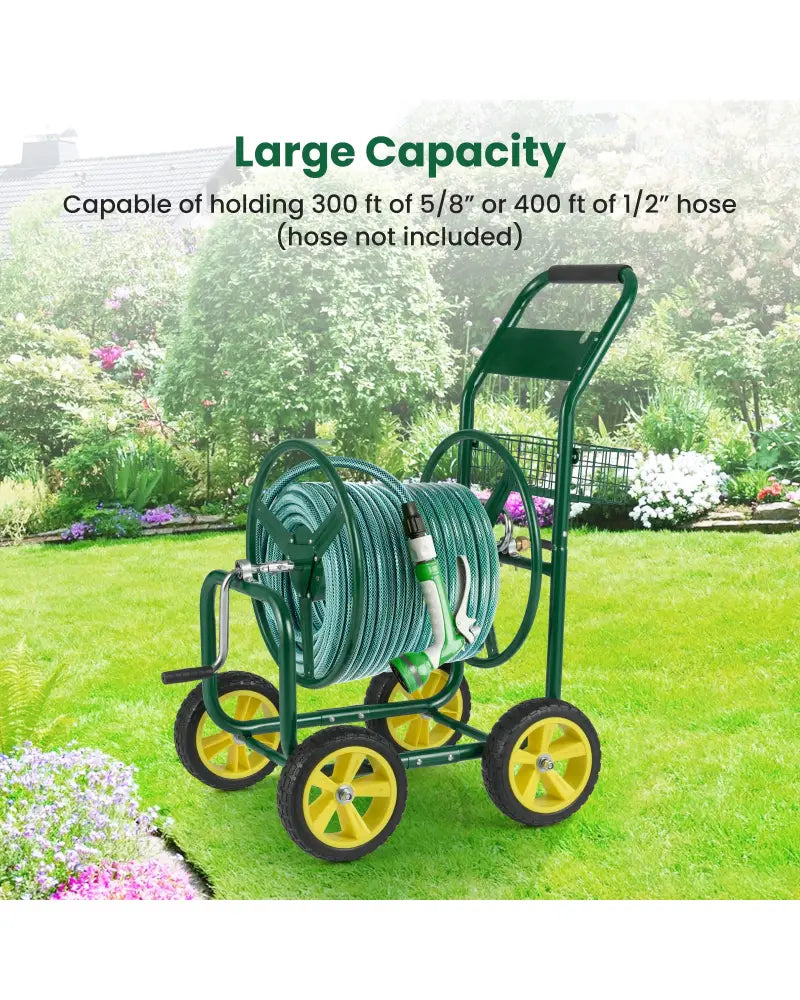 Garden Hose Reel Cart Metal Hose Cart with 4 Wheels and Storage Basket-Green - Green - Watering & Irrigation