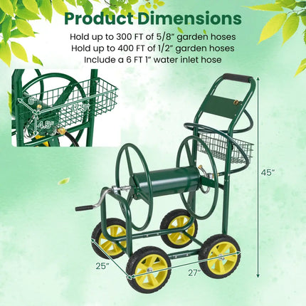 Garden Hose Reel Cart Metal Hose Cart with 4 Wheels and Storage Basket-Green - Green - Watering & Irrigation
