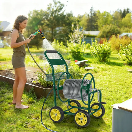 Garden Hose Reel Cart Metal Hose Cart with 4 Wheels and Storage Basket-Green - Green - Watering & Irrigation