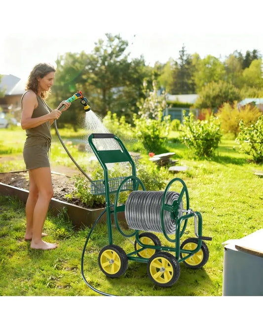 Garden Hose Reel Cart Metal Hose Cart with 4 Wheels and Storage Basket-Green - Green - Watering & Irrigation