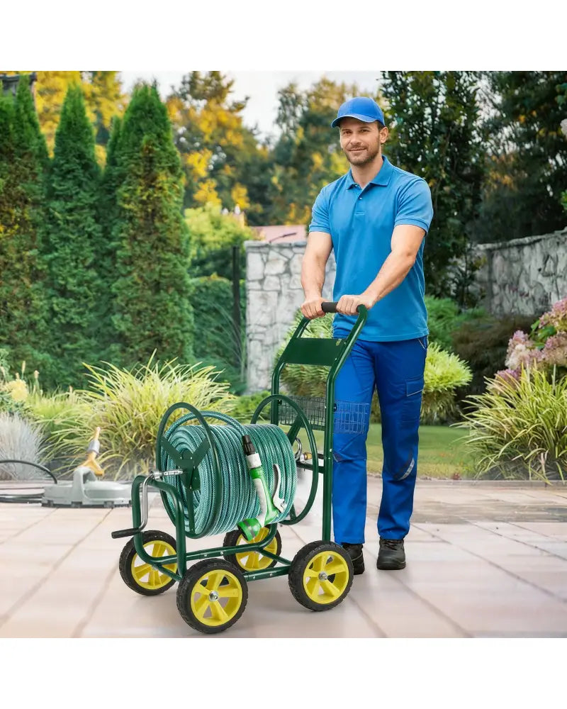 Garden Hose Reel Cart Metal Hose Cart with 4 Wheels and Storage Basket-Green - Green - Watering & Irrigation