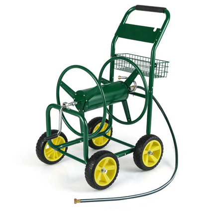 Garden Hose Reel Cart Metal Hose Cart with 4 Wheels and Storage Basket-Green - Green - Watering & Irrigation