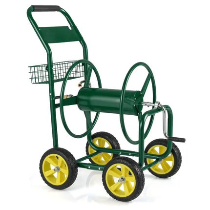 Garden Hose Reel Cart Metal Hose Cart with 4 Wheels and Storage Basket-Green - Green - Watering & Irrigation